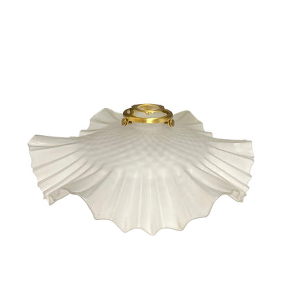 A vintage-style white ribbed glass ceiling light shade with a scalloped edge and a gold metal fixture at the top, shown against a plain white background.