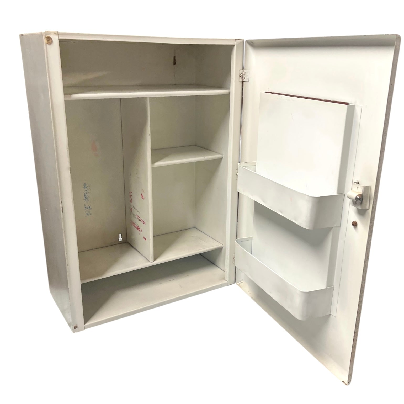 Metal cabinet with open doors on a white background
