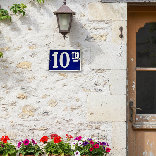 Blue rectangular plate with white text '10 TER' on a white wall with a brown door