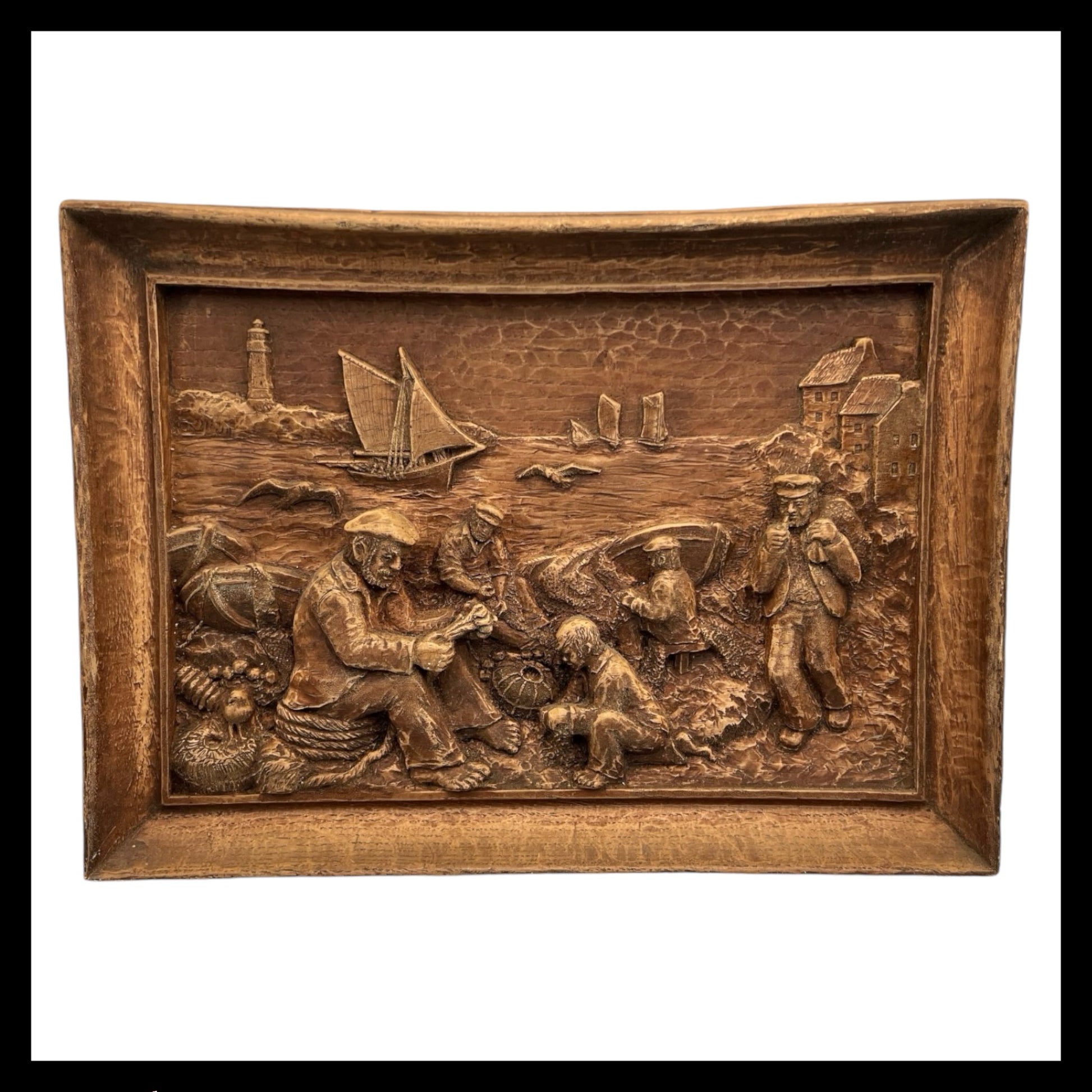 Wooden Arts and Crafts, French Vintage Sea Scene, Hand Carved Bas Relief  for sale from All Things French Store