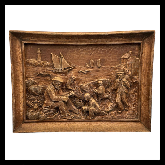 Wooden Arts and Crafts, French Vintage Sea Scene, Hand Carved Bas Relief  for sale from All Things French Store