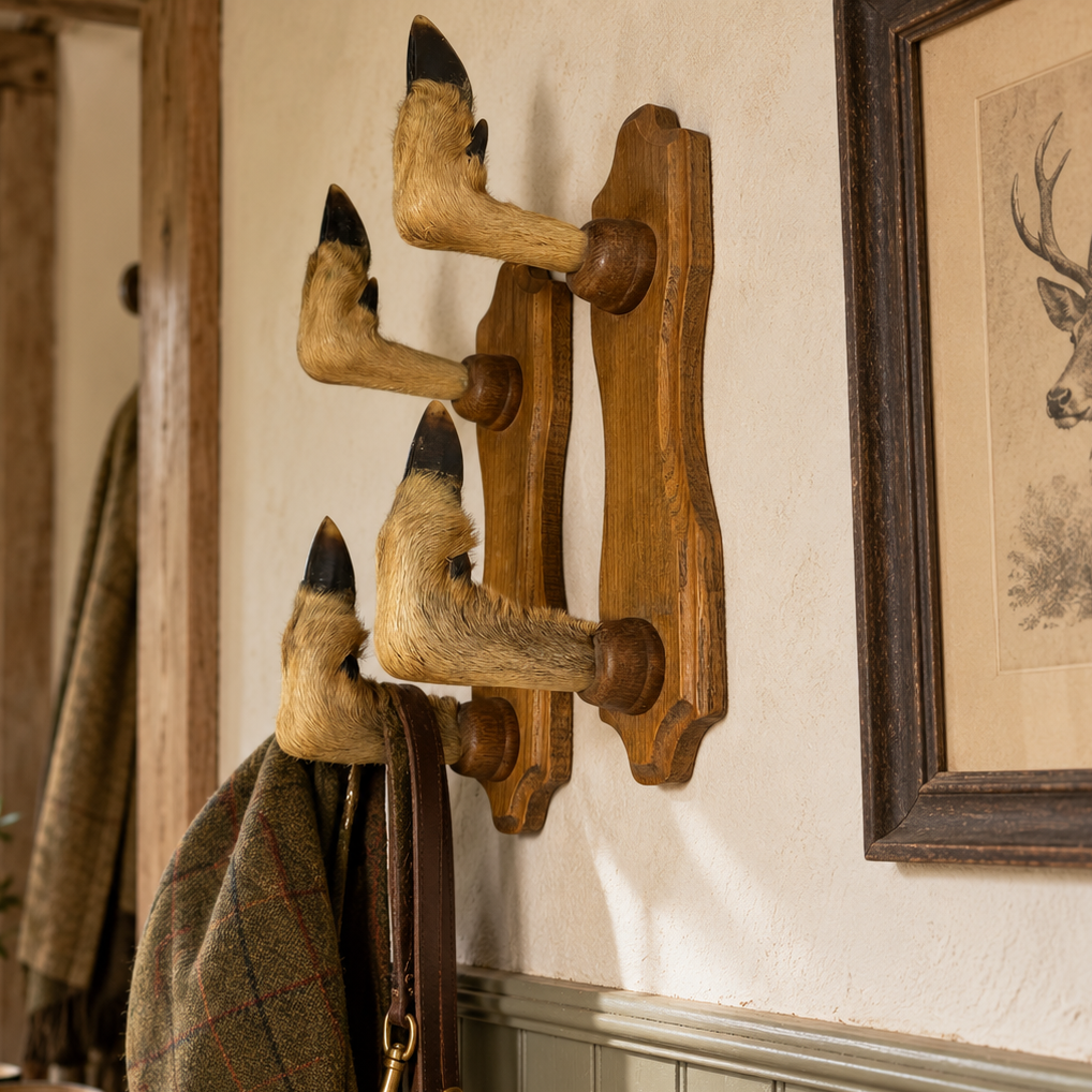 A rustic wall-mounted set of four deer hoof coat hooks in natural wood and antler finish, shown holding a tweed flat cap and a brown leather strap in a cozy entryway setting.