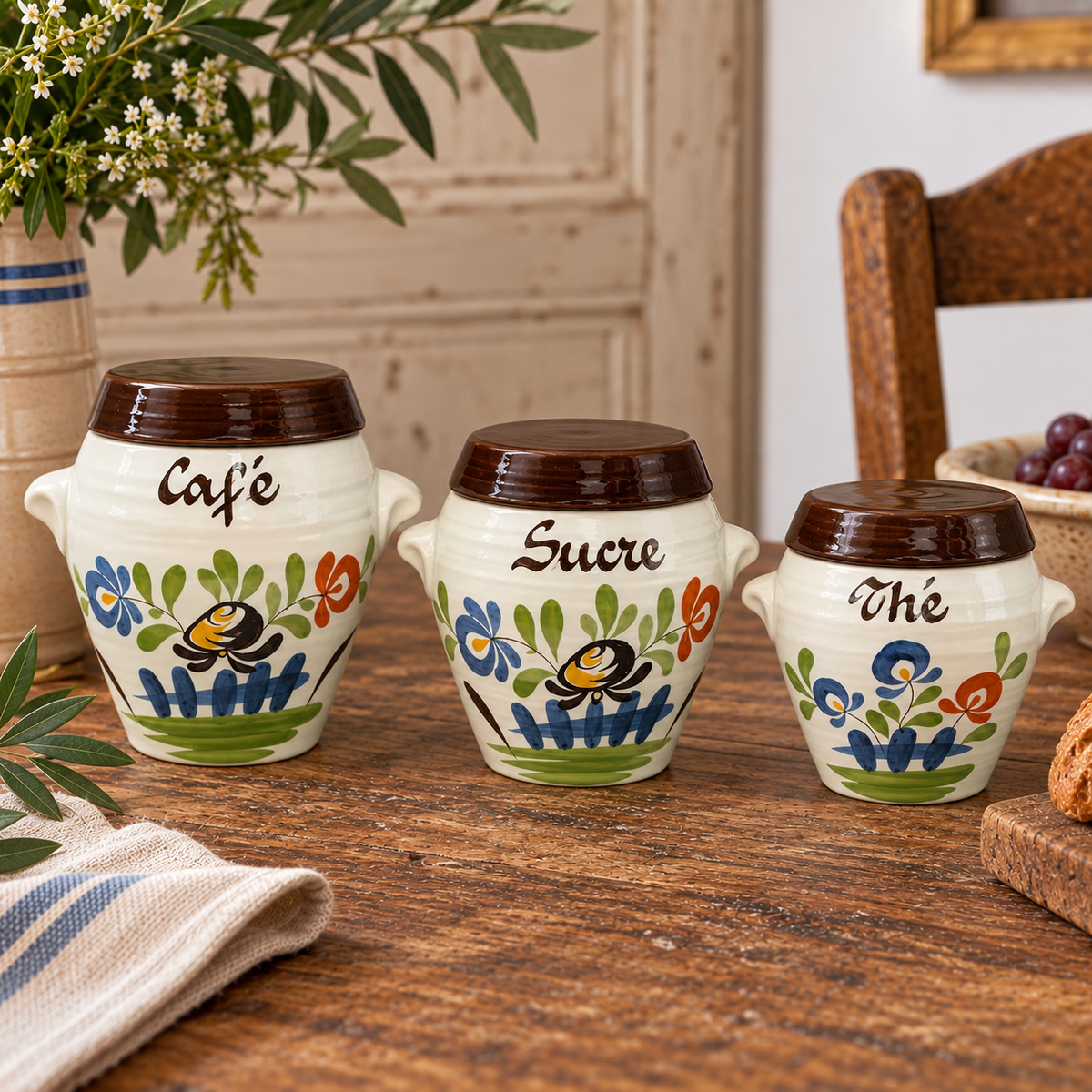 Three ceramic spice jars labeled Café, Sucre, and Thé sit on a rustic wooden table in a kitchen setting, decorated with colourful floral patterns and bee motifs.