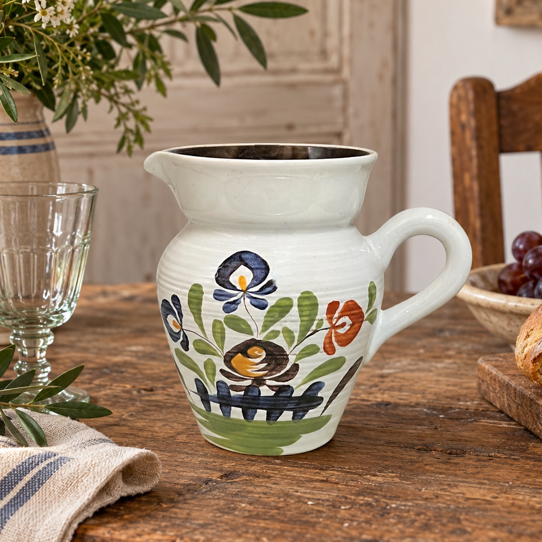 A ceramic pitcher with a hand-painted floral and bird design sits on a rustic wooden table in a dining setting, surrounded by a glass, bread, grapes, and a vase of greenery.