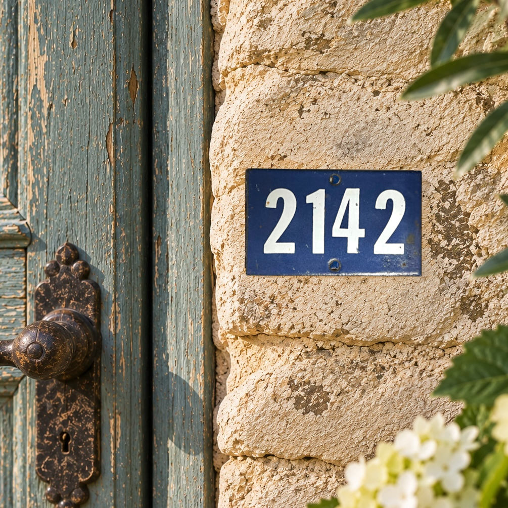 French vintage blue and white enamel door number 2142 on a stone wall beside a blue rustic wooden door 