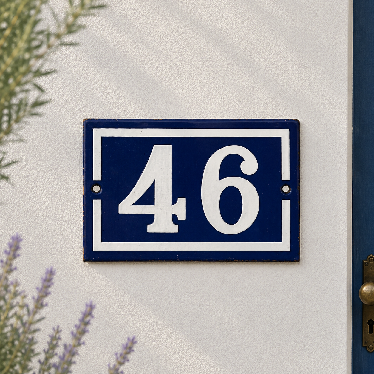 French vintage enamel blue and white door number 46 ideal for a country cottage 