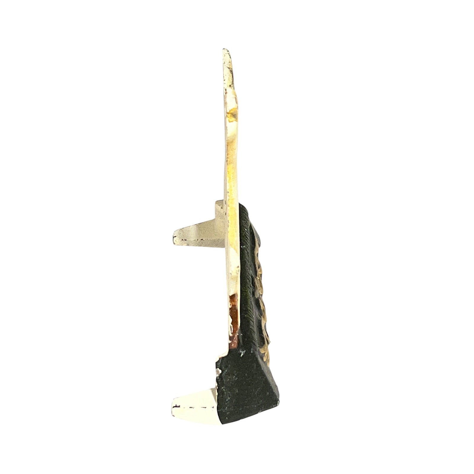 A single gold-tone metal earring with a textured black and gold drop, shown from a side profile against a plain white background.