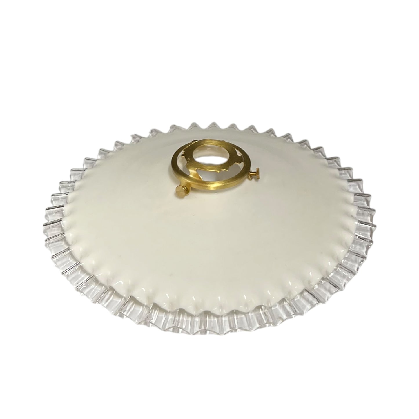 Vintage French Opaline Milk Glass Pendant Pie Crust Lampshade with Brass Collar