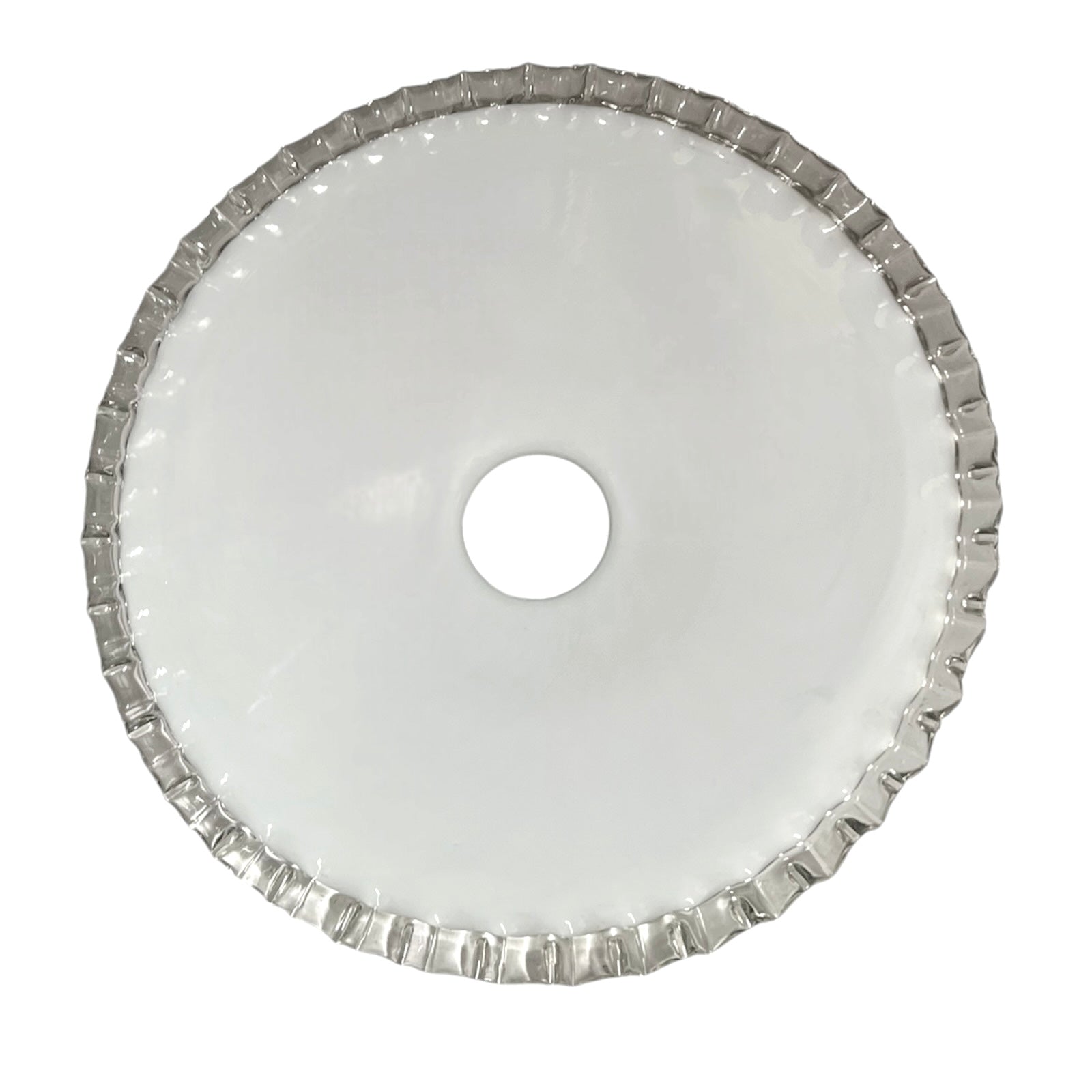 Close-up of a glass lampshade with a decorative edge on a white background