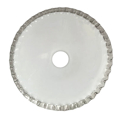 Close-up of a glass lampshade with a decorative edge on a white background