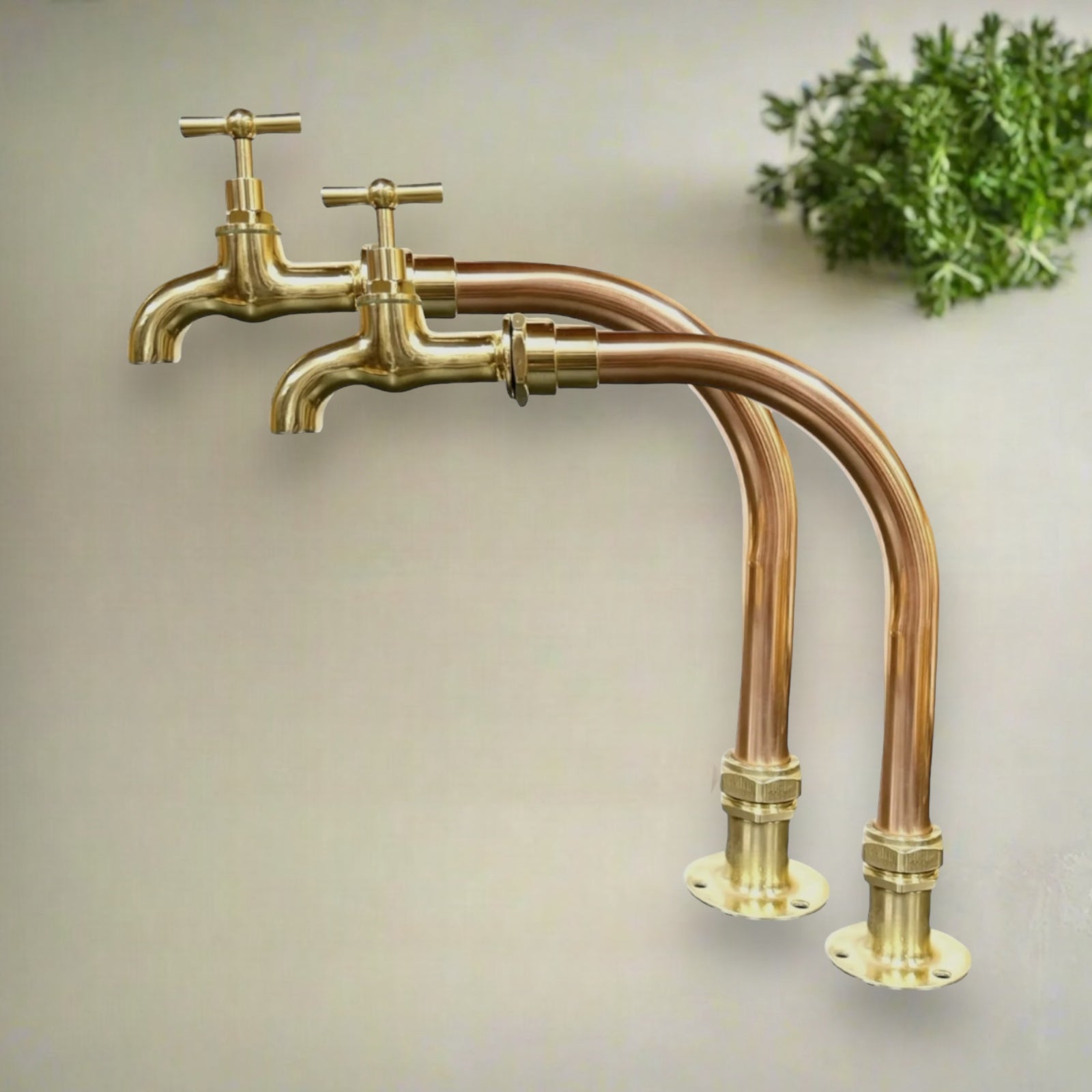 Pair of copper and brass chunky swan neck kitchen taps