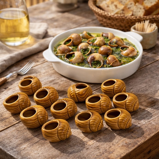 Snail dish with shell-shaped cups on a rustic wooden table.