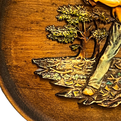 close up of a wooden decorative round plaque on a white background 