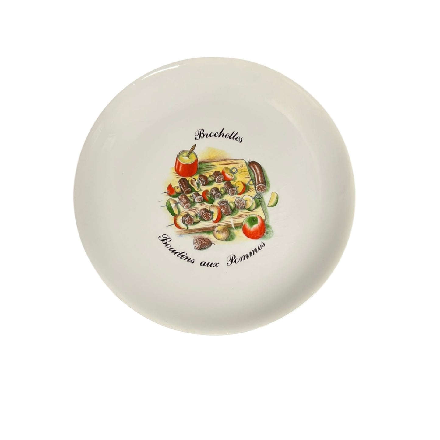 Round ceramic plate with food illustration and text on a white background