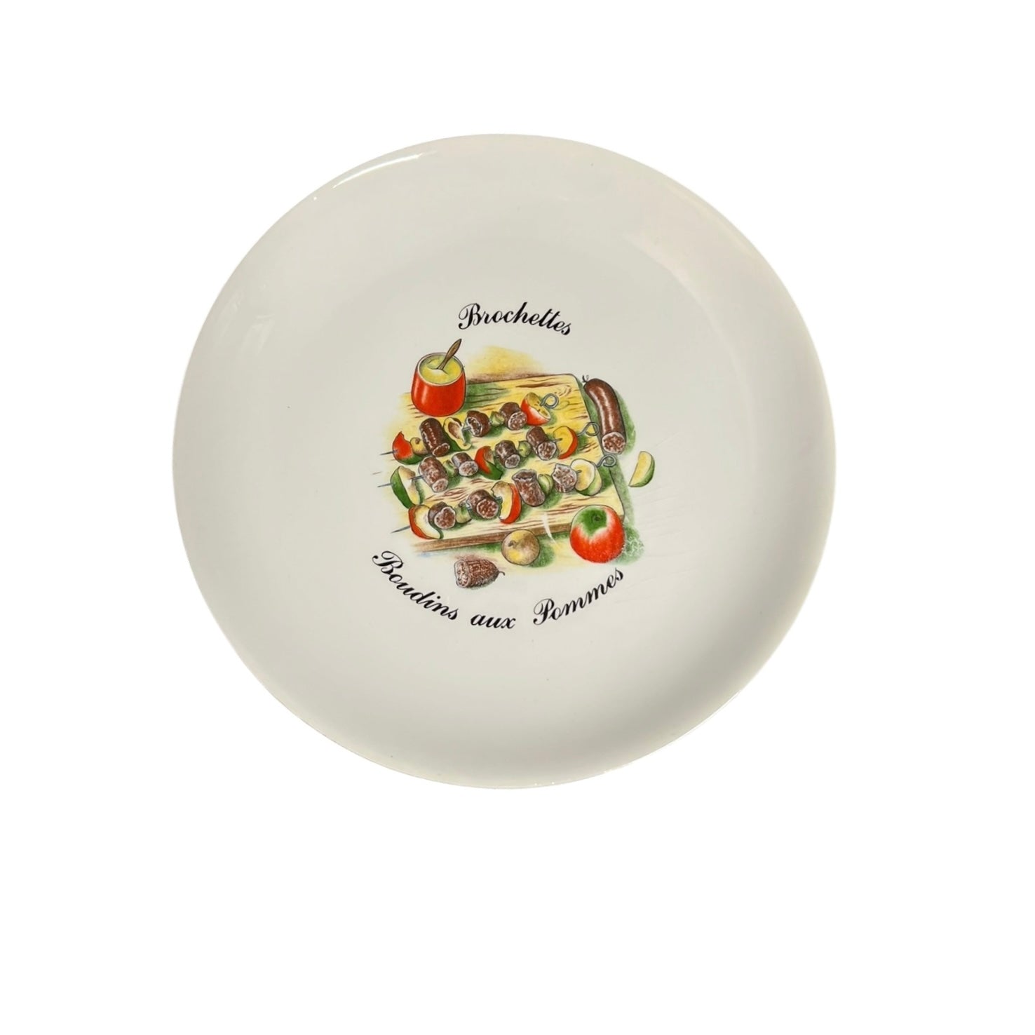 Round ceramic plate with food illustration and text on a white background