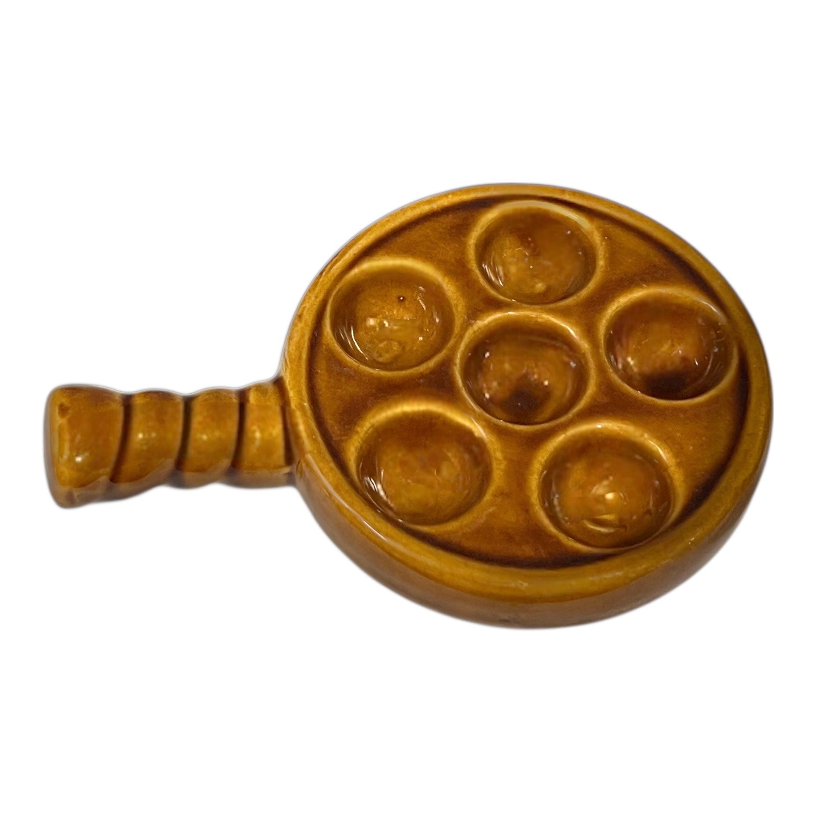 French brown ceramic escargots pot with multiple compartments on a white background