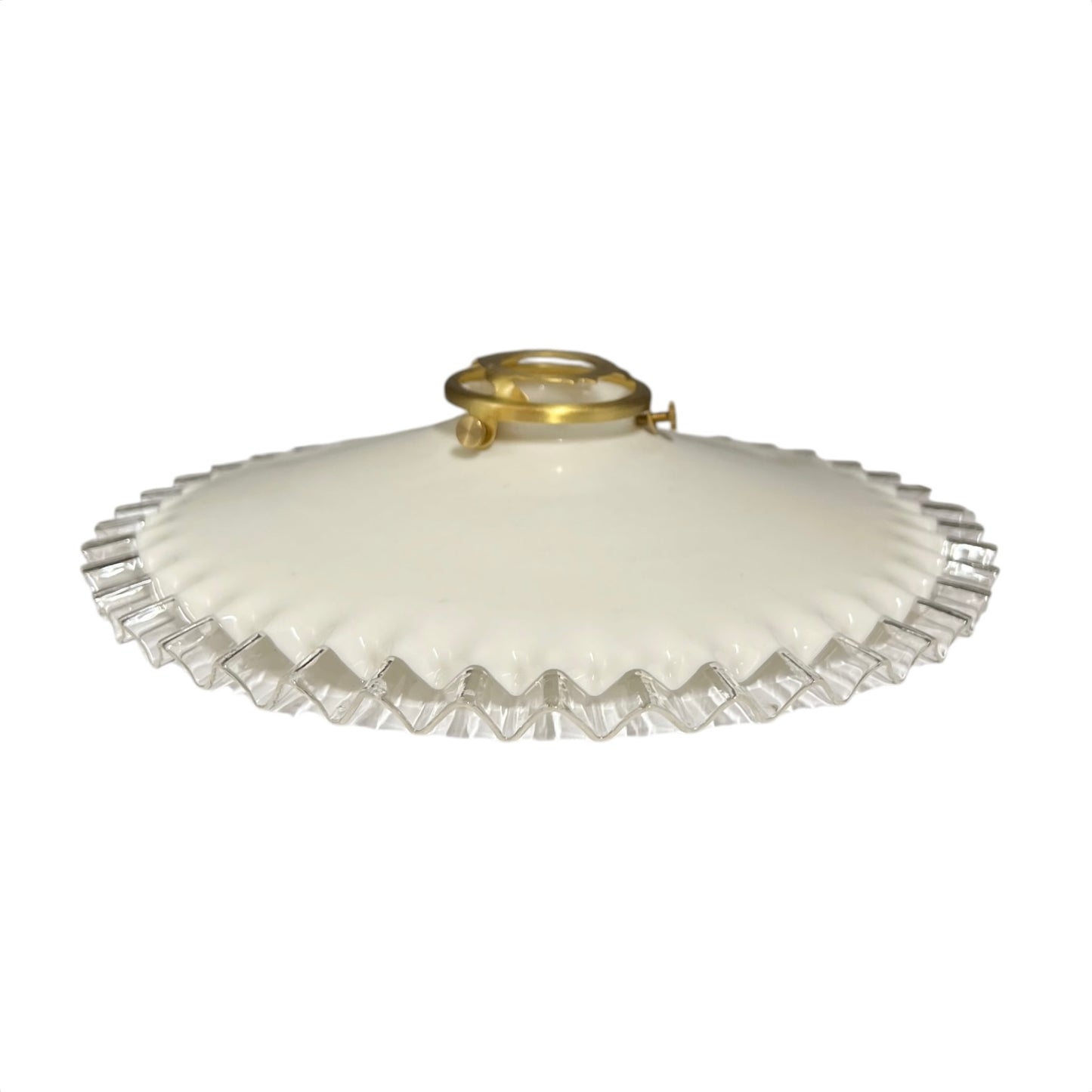 Vintage French Opaline Milk Glass Pendant Pie Crust Lampshade with Brass Collar