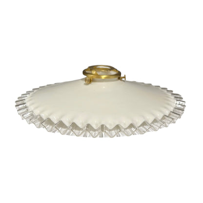 Vintage French Opaline Milk Glass Pendant Pie Crust Lampshade with Brass Collar