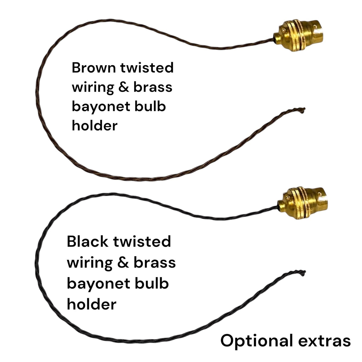 Two bulb holders with brown and black twisted wiring on a white background