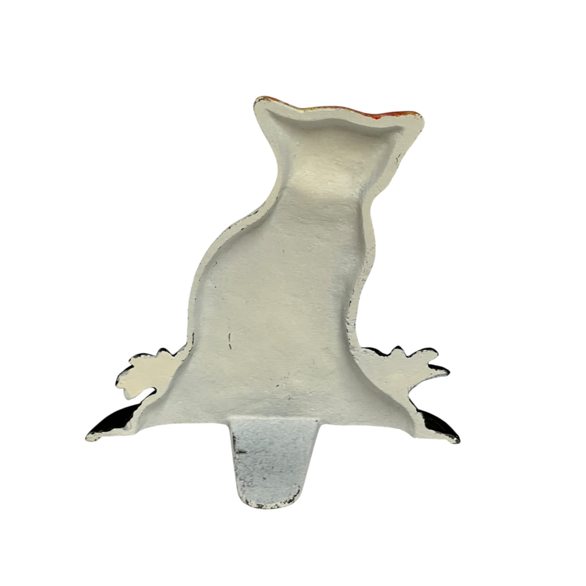 A small white back image of a door stop with a rustic, hand-painted finish showing minor chipped edges and black accents on the feet, isolated on a white background.