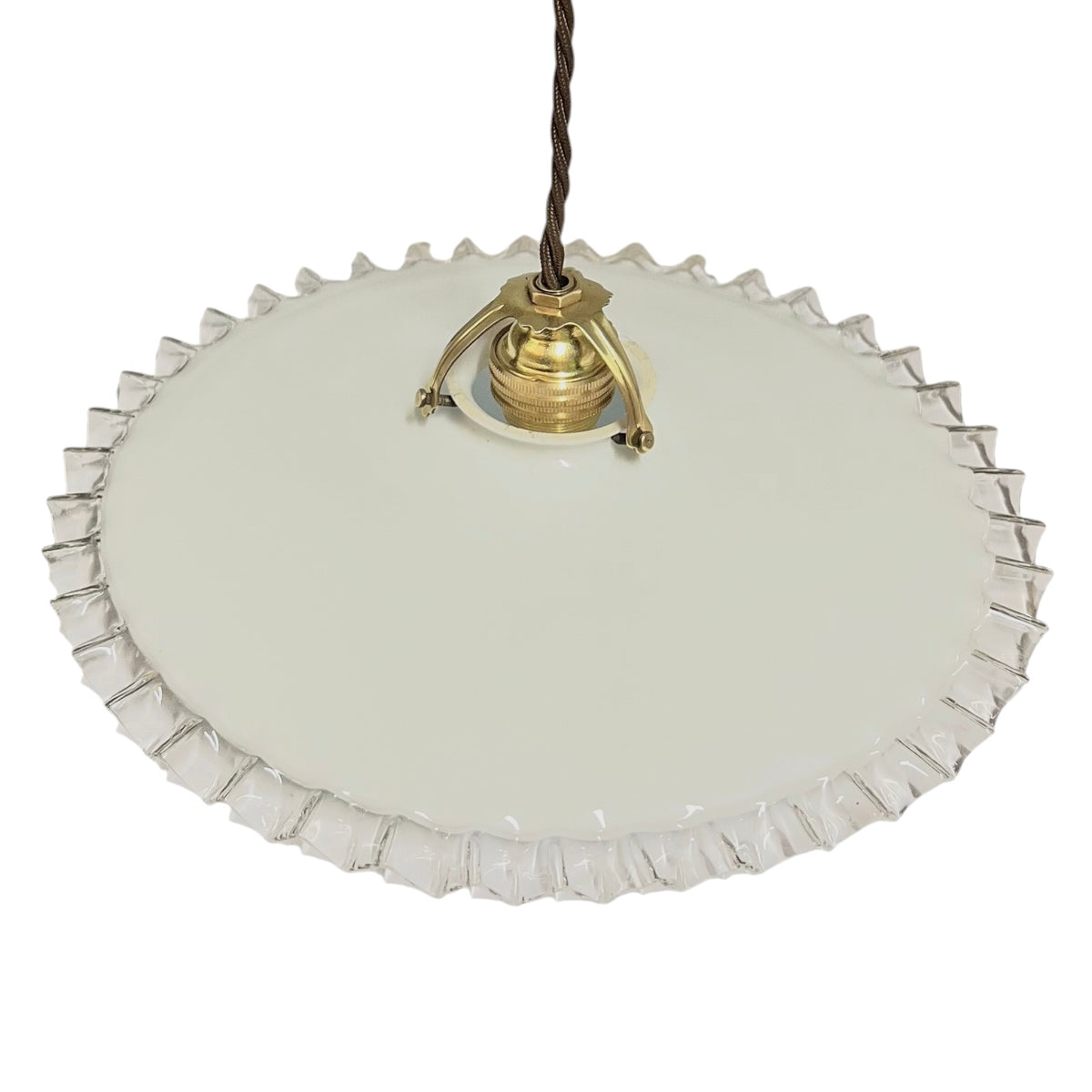 A round pendant light shade made of clear glass with a scalloped, fluted edge, suspended from a brass-colored metal fixture on a white background.