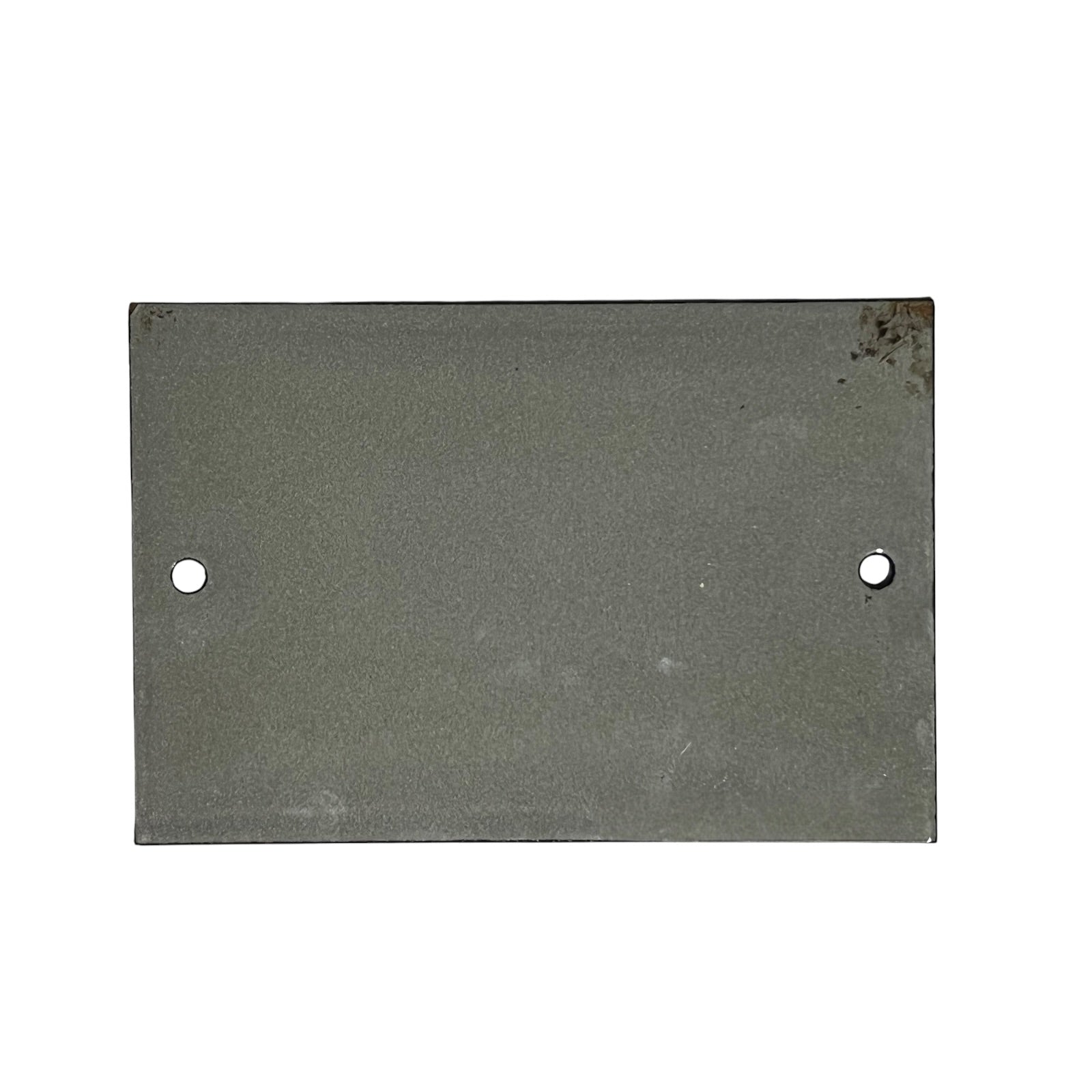 A rectangular dark gray metal plate with two pre-drilled holes, one on each side, shown against a plain white background.