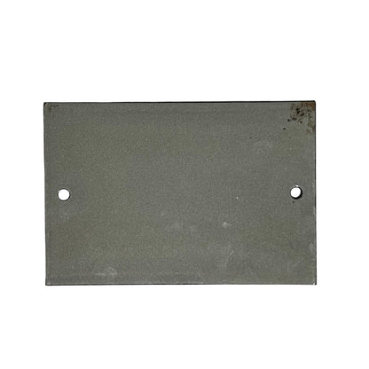 A rectangular dark gray metal plate with two pre-drilled holes, one on each side, shown against a plain white background.