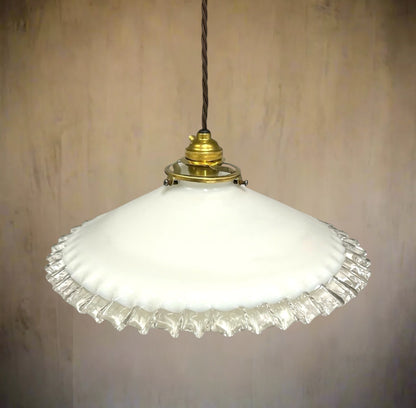 Vintage French Glass Ceiling Pendant Light, Milk Glass Hanging Lampshade for sale by All Things French Store