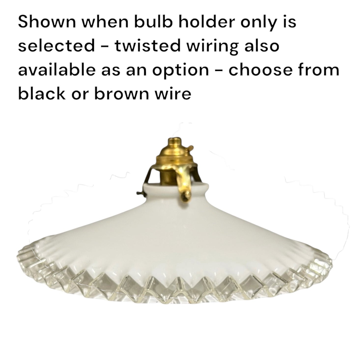 A white glass light fixture shade with a flared, ribbed edge and clear faceted diamond pattern, shown against a white background with black text explaining bulb holder and wiring options.
