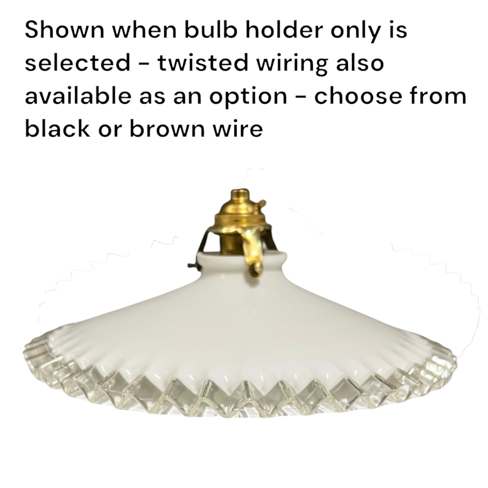 A white glass light fixture shade with a flared, ribbed edge and clear faceted diamond pattern, shown against a white background with black text explaining bulb holder and wiring options.