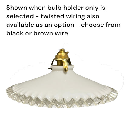 A white glass light fixture shade with a flared, ribbed edge and clear faceted diamond pattern, shown against a white background with black text explaining bulb holder and wiring options.