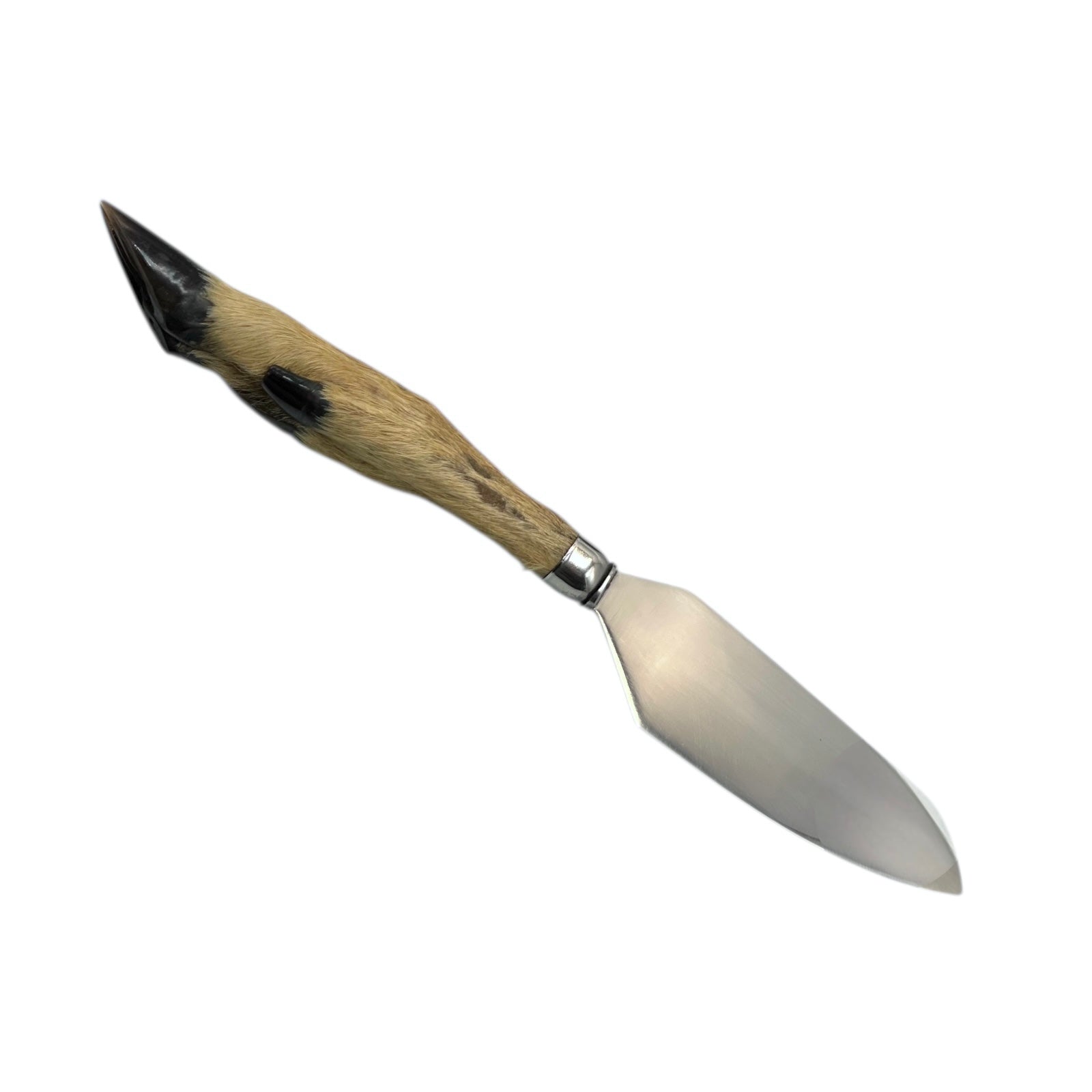 Cake slice with a taxidermy deer hoof handle on a white background