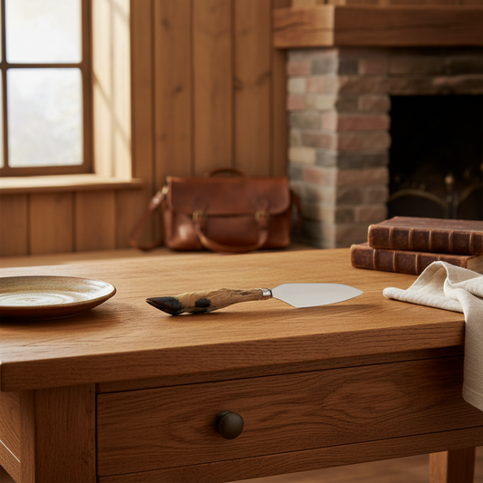 Wooden table with a plate, a taxidermy cake slice and napkin in a warm, rustic setting.