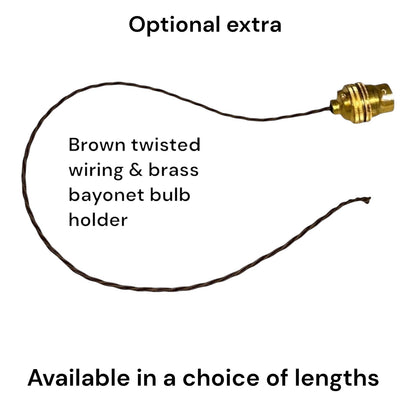 An informational product graphic showing a brown twisted wiring lead attached to a brass bayonet bulb holder on a white background, with text reading 'Optional extra' and 'Brown twisted wiring & brass bayonet bulb holder' plus 'Available in a choice of lengths'.