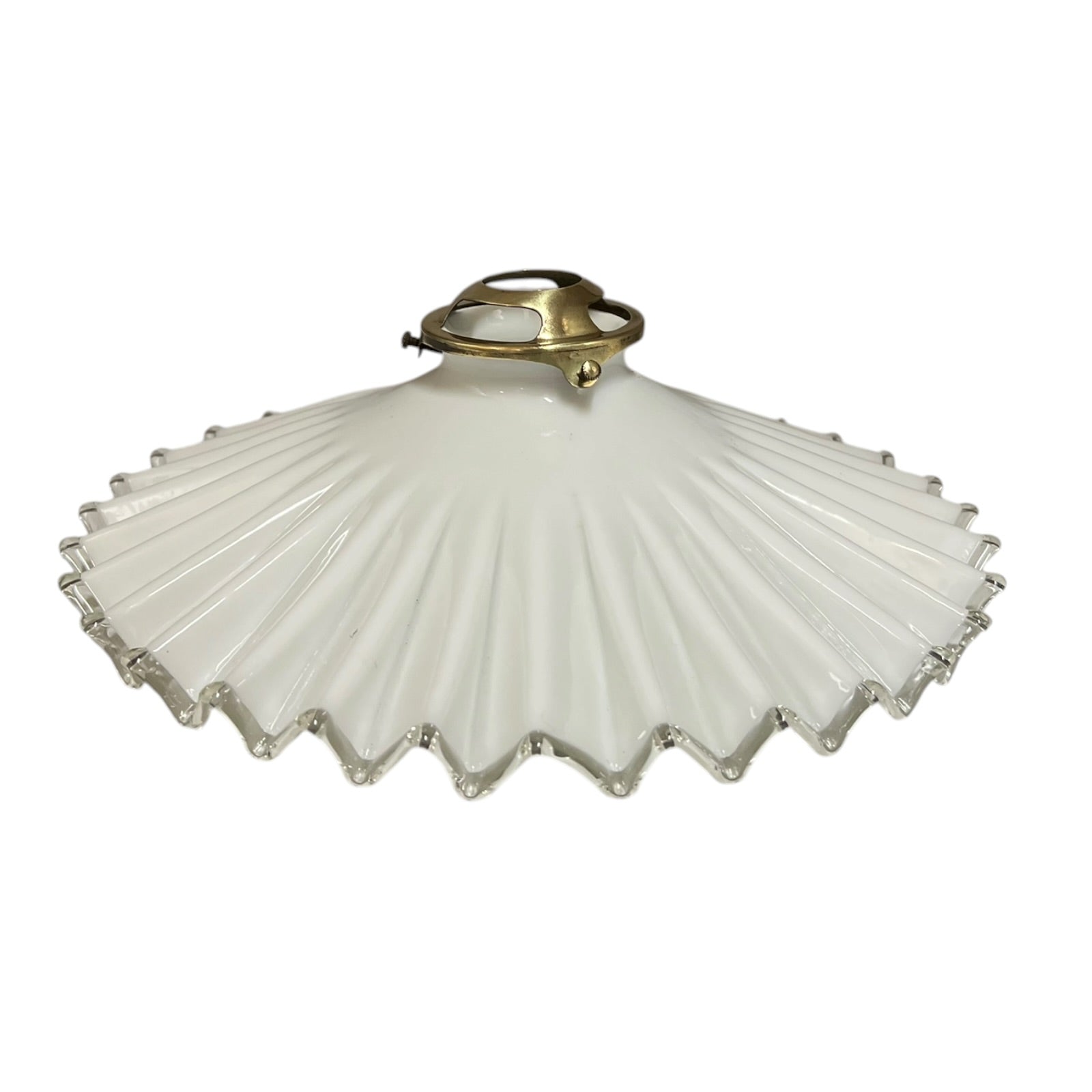 White scalloped-edge glass lampshade with brass fitting on a white background, for a period living room styling or vintage home decor 