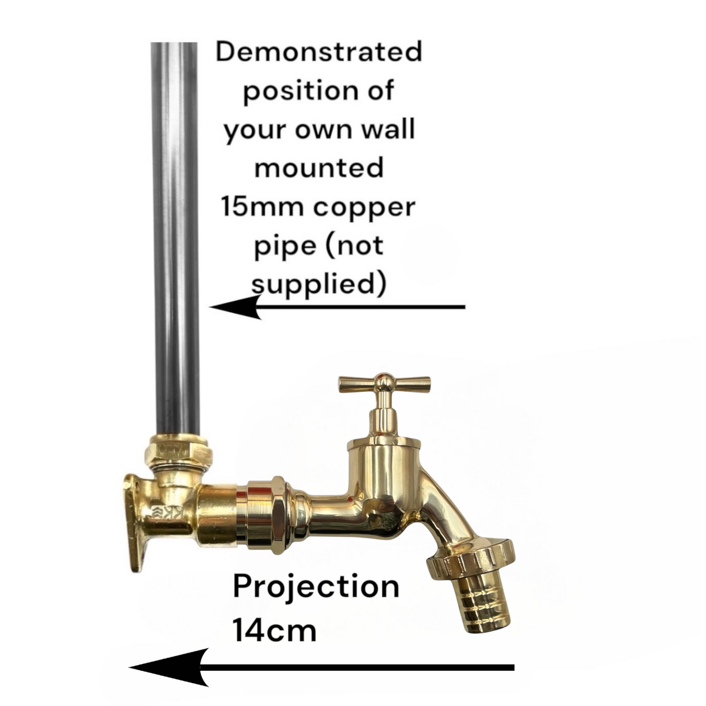 A brass garden tap shown with overlaid text and arrows explaining the position of a customer-mounted 15mm copper pipe and the projection distance of 14cm.