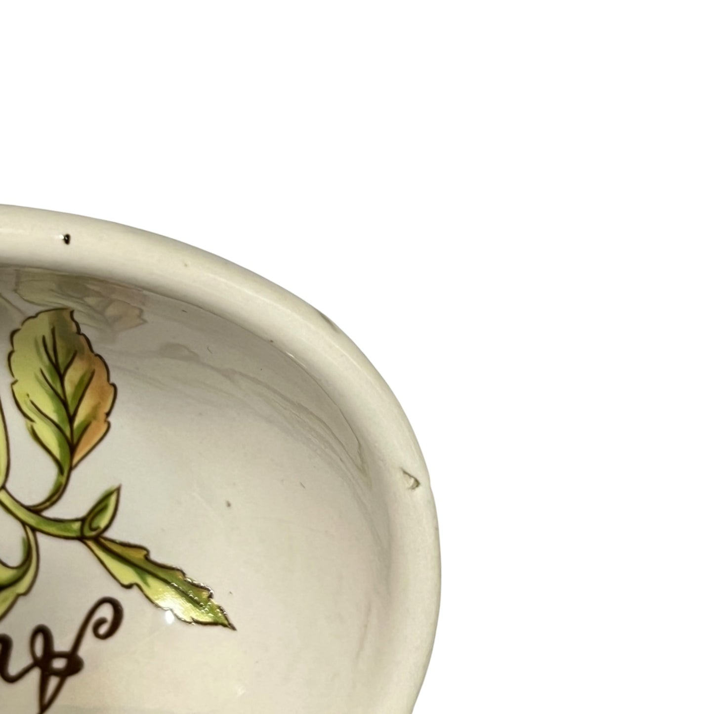 Close-up of a white ceramic bowl showing a painted green leaf design and part of a dark brown script on the inside, against a plain white background.