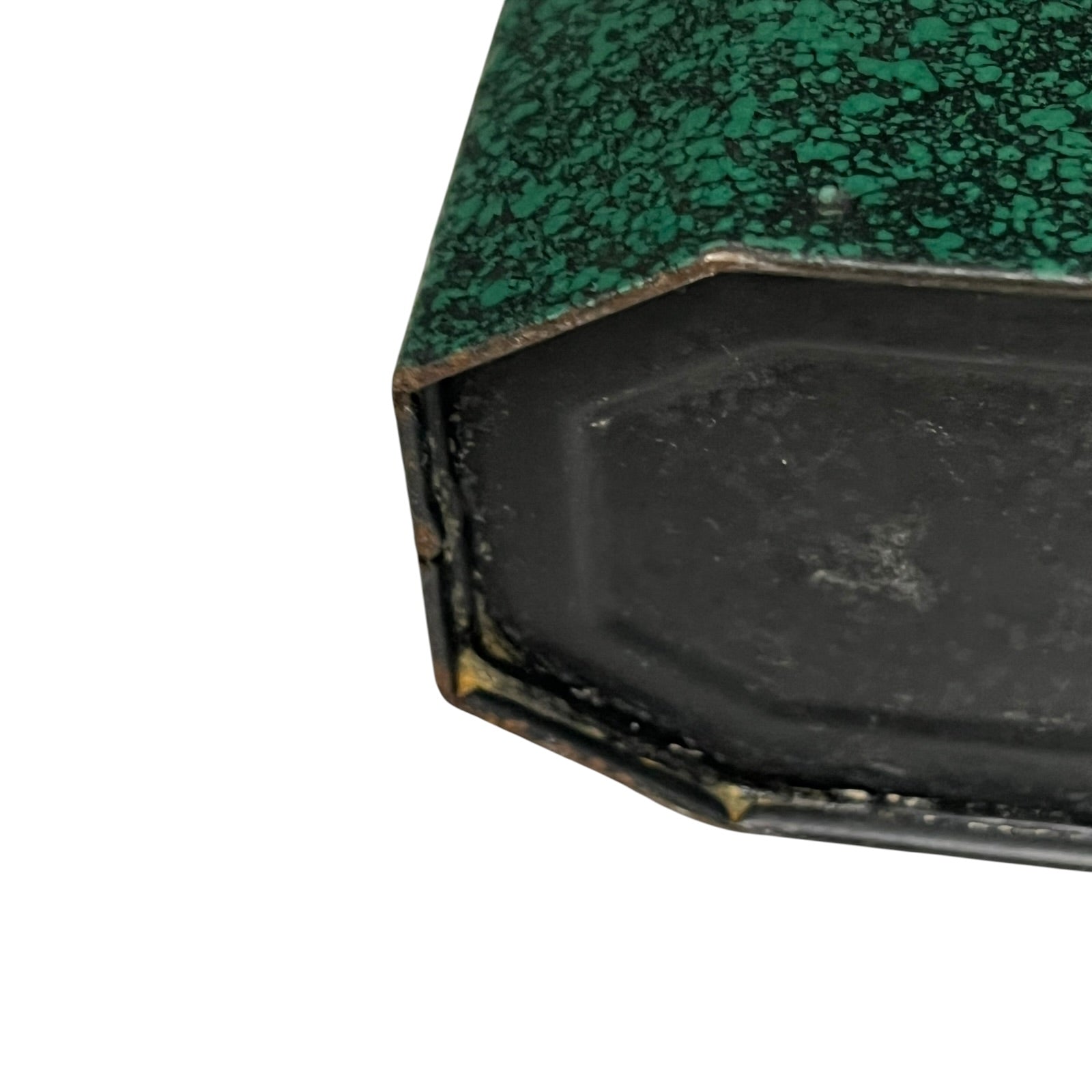 Close up of a French enamel lunch box on a white background