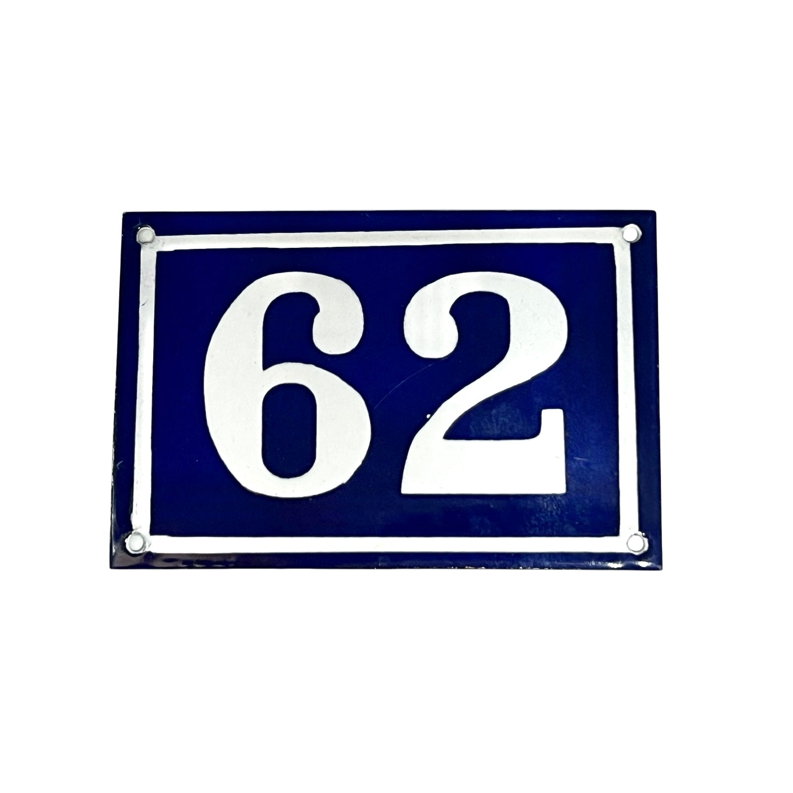 Blue rectangular plate with white number '62' on a white background