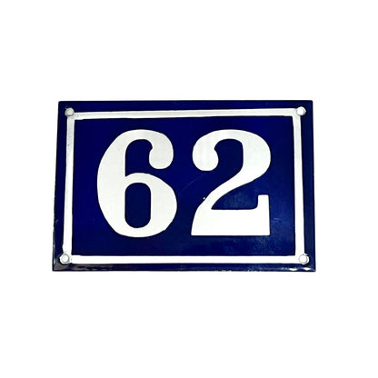 Blue rectangular plate with white number '62' on a white background