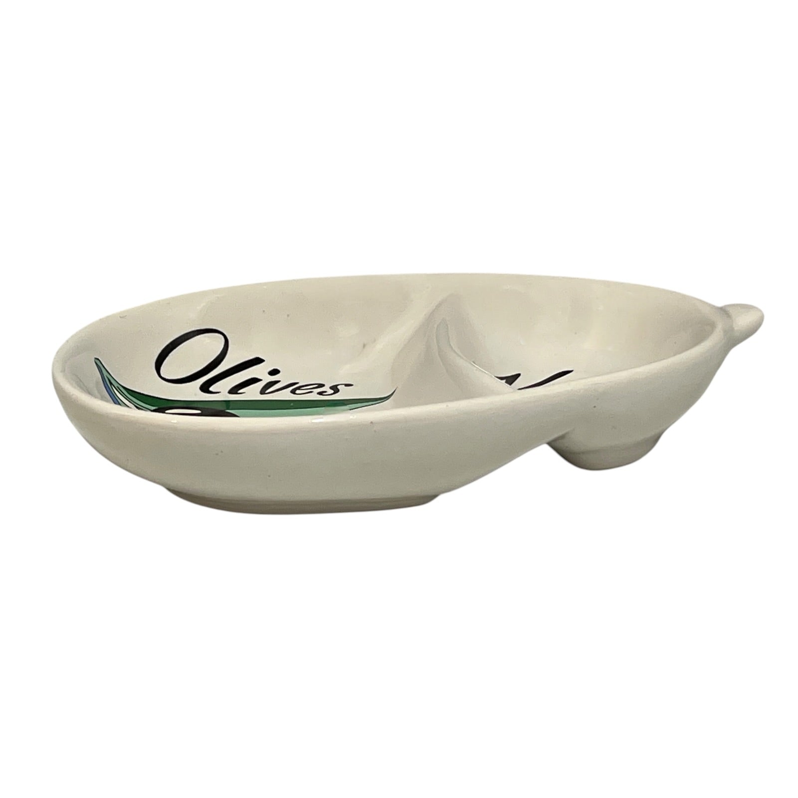 White ceramic olive dish with 'Olives' text on a white background