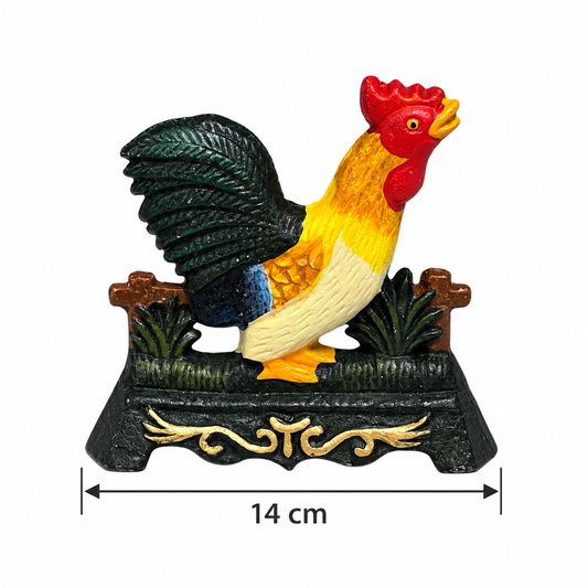 A decorative rooster figurine on a black ornate base, shown against a white background with a dimension marker indicating 14 cm width.
