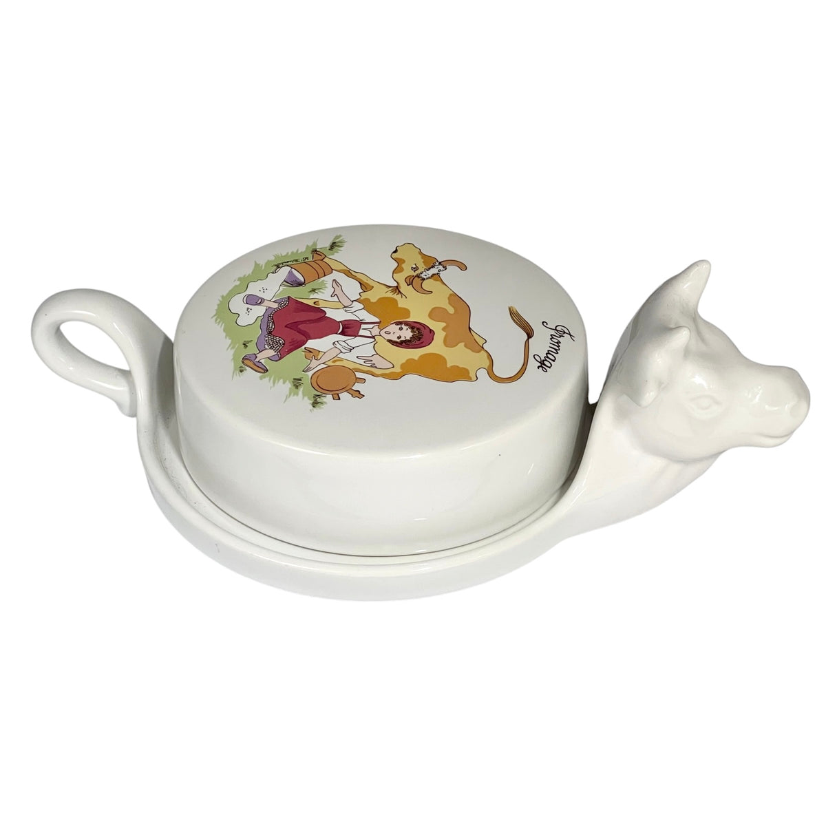 Vintage French L'Hirondelle porcelain cheese dish with cow-shaped white base and illustrated Fromage lid, traditional French farmhouse cheese server shown on a white background