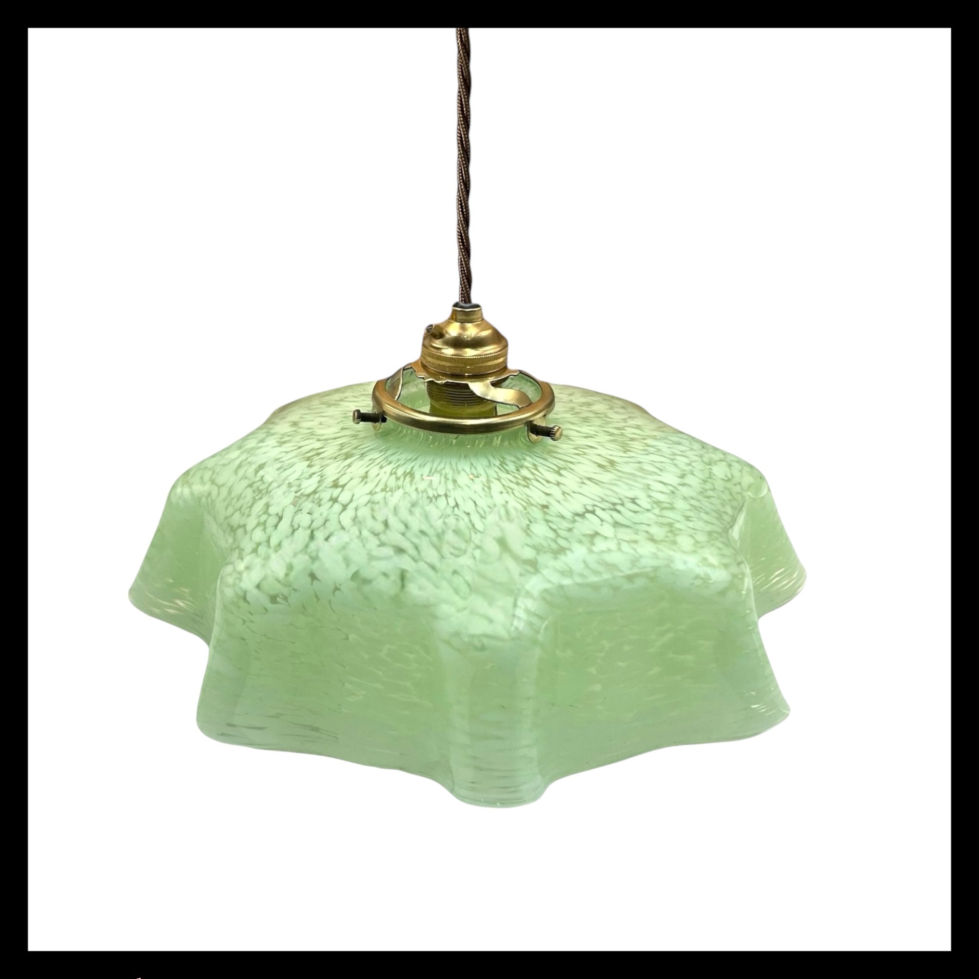 Vintage French Pendant Light, Green Mottled Milk Glass Hanging Lampshade 