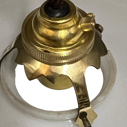 Vintage French Opaline Milk Glass Pendant Pie Crust Lampshade with Brass Collar