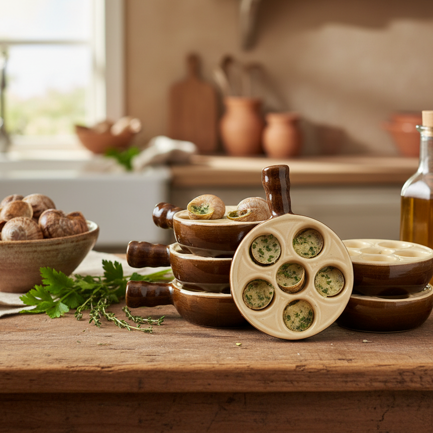 French escargots bowls with food on a rustic kitchen counter.