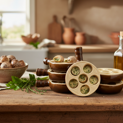 French escargots bowls with food on a rustic kitchen counter.