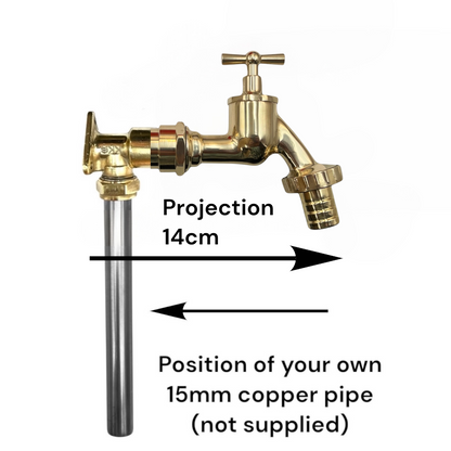 A brass garden tap with a protruding pipe assembly on a white background, overlaid with black arrows and text indicating a 14cm projection and the position of a 15mm copper pipe.