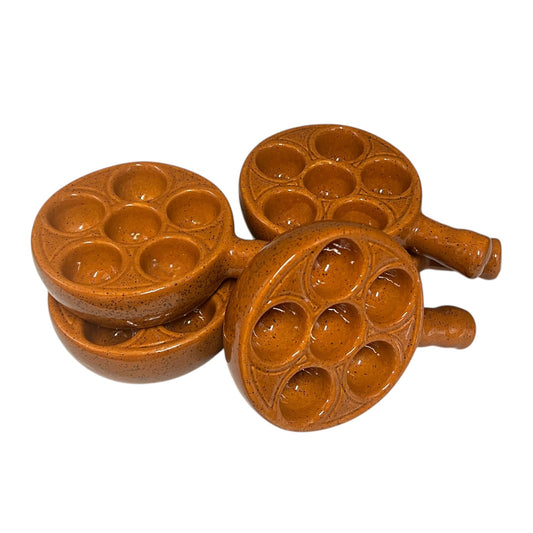 Set of 5 French ceramic escargot plates, perfect for serving escargot, quail eggs, or stuffed mushrooms, adding charm to a country kitchen, all displayed on a white background.
