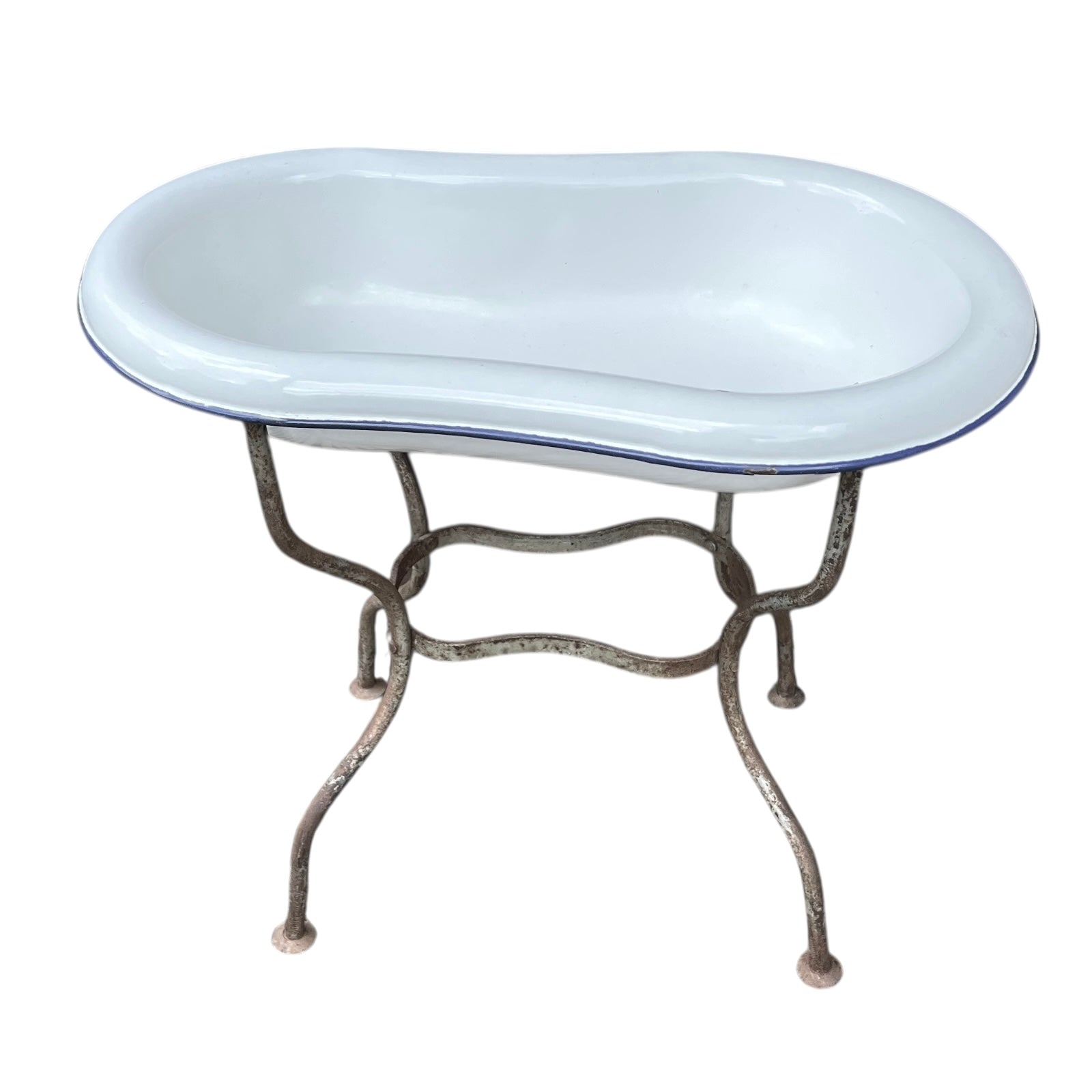 French Vintage Enamel Bathroom Storage, Planter, Ice Bucket, Dolls Bath on a solid metal stand for sale from All Things French Store